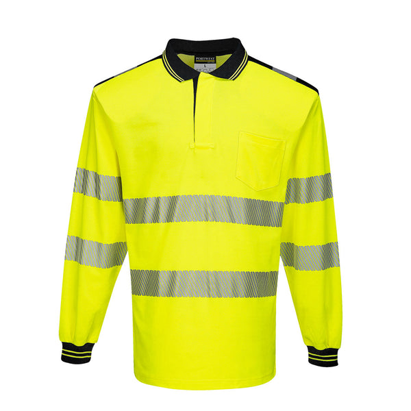 Portwest® PW3 Hi-Vis Cotton Comfort Polo Shirt L/S, Yellow/Black, Size 5XL (T184YBR5XL) Each
