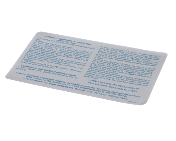 Taylor Freezers 030582 Decal-Inst-Cln-Batch (TAF030582) Each