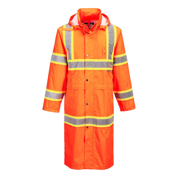 Portwest® Hi-Vis Contrast Tape Rain Coat 48", Orange, Size 6XL (UH405ORR6XL) Each