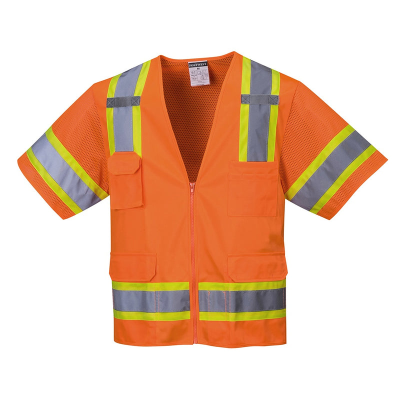 Portwest® Aurora Hi-Vis Contrast Executive Vest S/S, Orange, Size XXL (US373ORRXXL) Each