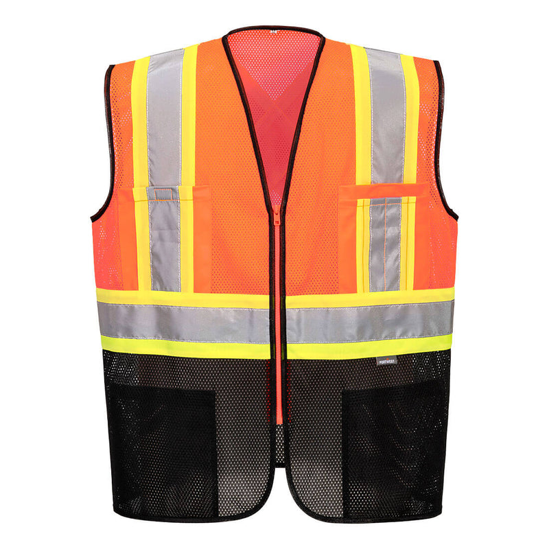 Portwest® Frisco Hi-Vis X Back Contrast Executive Vest, Orange/Black, Size 4XL (US395OBR4XL) Each