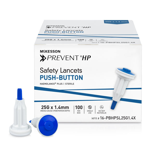 McKesson Prevent® HP Safety Lancet 25 Gauge Retractable Push Button Activation Finger (1217985_BX) 100/BX