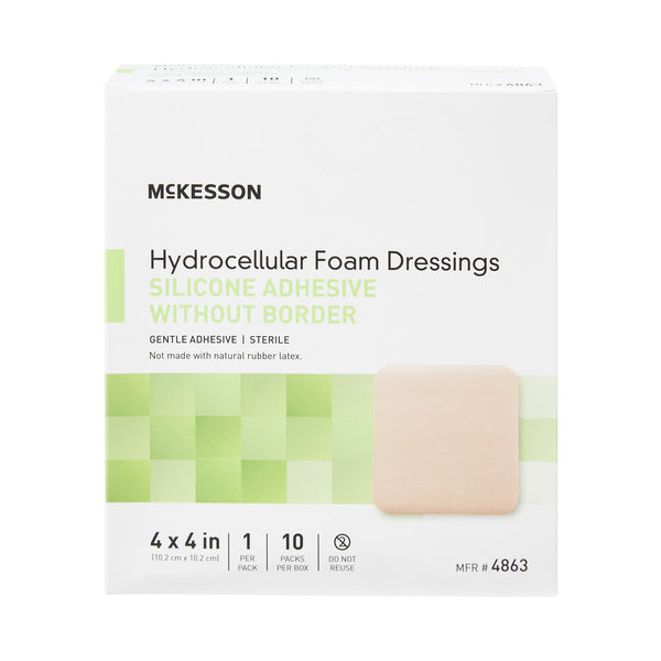 McKesson Foam Dressing 4 X 4 Inch Without Border Film Backing Silicone Gel Adhesive Square Sterile (1083086_BX) 10/BX