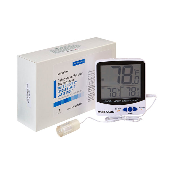 McKesson Digital Refrigerator / Freezer Thermometer with Alarm Fahrenheit / Celsius -58° to +158°F (-50° to +70°C) Glycol Bottle Probe / Internal Sensor Multiple Mounting Options Battery Operated (1074440_EA) 1/EA