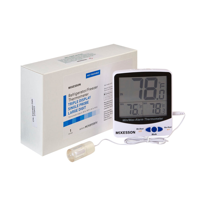 McKesson Digital Refrigerator / Freezer Thermometer with Alarm Fahrenheit / Celsius -58° to +158°F (-50° to +70°C) Glycol Bottle Probe / Internal Sensor Multiple Mounting Options Battery Operated (1074440_EA) 1/EA
