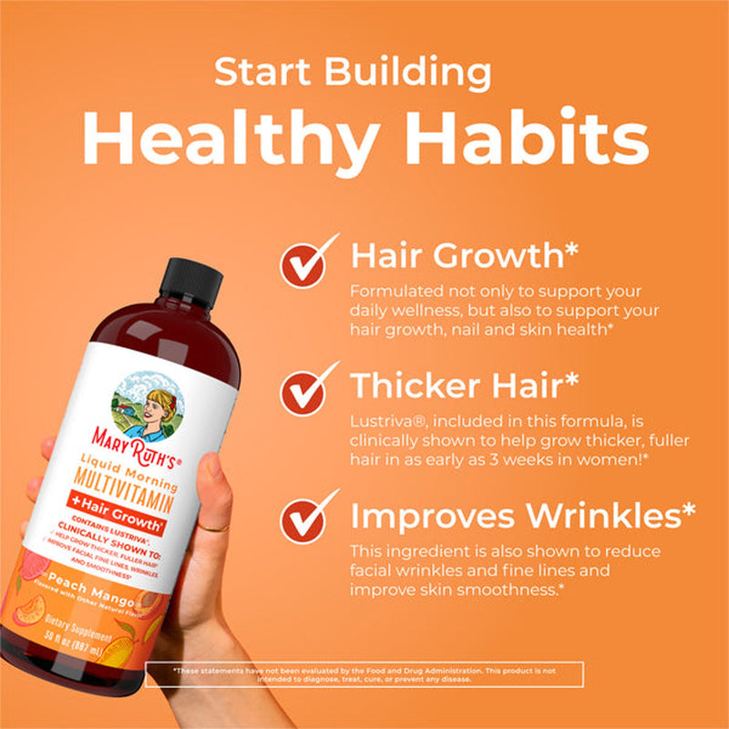 Mary Ruth's® Liquid Morning Multivitamin + Hair Growth Multivitamin Supplement Vitamin A / C / D / E 1,010 mcg - 90 mg - 20 mcg - 18 mg Strength Liquid 30 oz. Peach Mango Flavor (1271759_CS) 6/CS