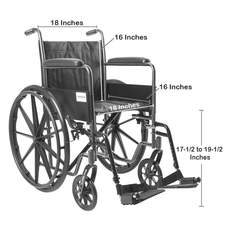 McKesson Wheelchair Dual Axle Full Length Arm Swing-Away Footrest Black Upholstery 18 Inch Seat Width Adult 300 lbs. Weight Capacity (1065274_EA) 1/EA
