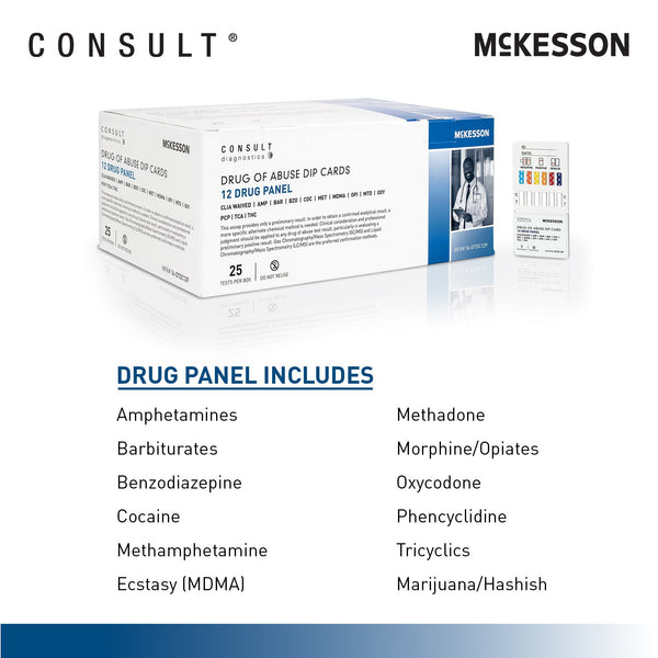 McKesson Consult™ Drugs of Abuse Test Kit AMP, BAR, BZO, COC, mAMP/MET, MDMA, MOP, MTD, OXY, PCP, TCA, THC 25 Tests CLIA Waived (1192823_CS) 500/CS