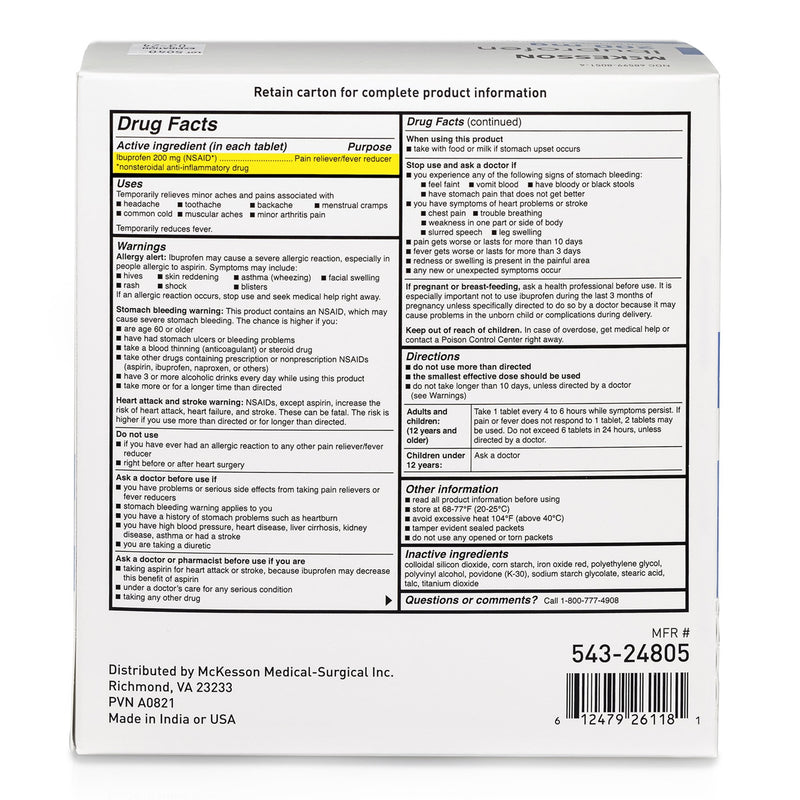 McKesson Pain Relief 200 mg Strength Ibuprofen Unit Dose Tablet 200 per Box (1111735_BX) 200/BX