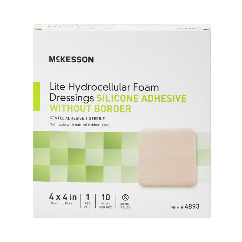 McKesson Lite Thin Foam Dressing 4 X 4 Inch Without Border Film Backing Silicone Gel Adhesive Square Sterile (1083093_CS) 200/CS