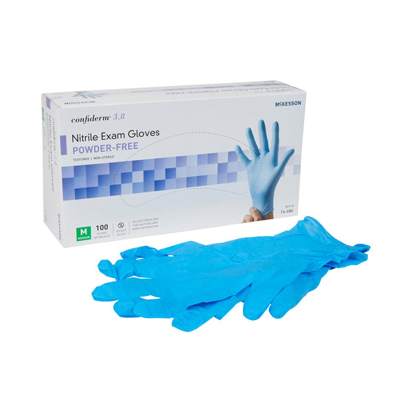 McKesson Confiderm® 3.8 Exam Glove Medium NonSterile Nitrile Standard Cuff Length Textured Fingertips Blue Not Rated (921611_CS) 1000/CS