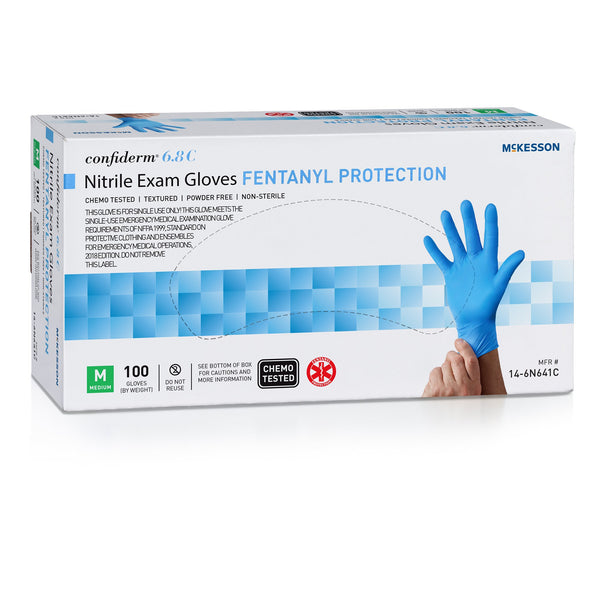 McKesson Confiderm® 6.8C Exam Glove Medium NonSterile Nitrile Standard Cuff Length Fully Textured Blue Chemo Tested / Fentanyl Tested (1225746_BX) 100/BX