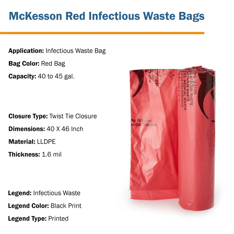 McKesson Biohazard Waste Bag Biohazard Symbol / Infectious Waste 40 to 45 gal. Red 40 X 46 Inch (315631_CS) 100/CS