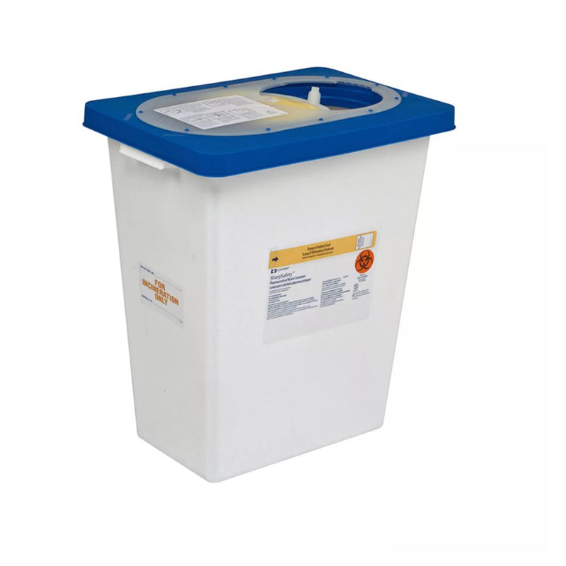 Covidien® Sharp Safety Pharmaceutical Waste Container White Base 18-3/4 H X 12-3/4 D X 18-1/4 W Inch Vertical Entry 12 Gallon (477428_CS) 10/CS