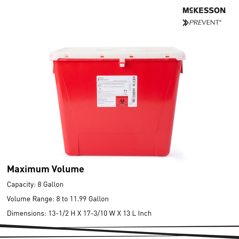 McKesson Prevent® Sharps Container Red Base 13-1/2 H X 17-3/10 W X 13 L Inch Vertical Entry 8 Gallon (854428_CS) 9/CS