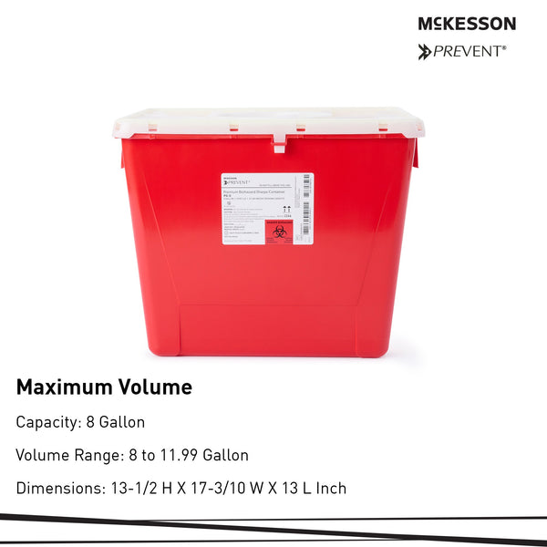 McKesson Prevent® Sharps Container Red Base 13-1/2 H X 17-3/10 W X 13 L Inch Vertical Entry 8 Gallon (854428_EA) 1/EA