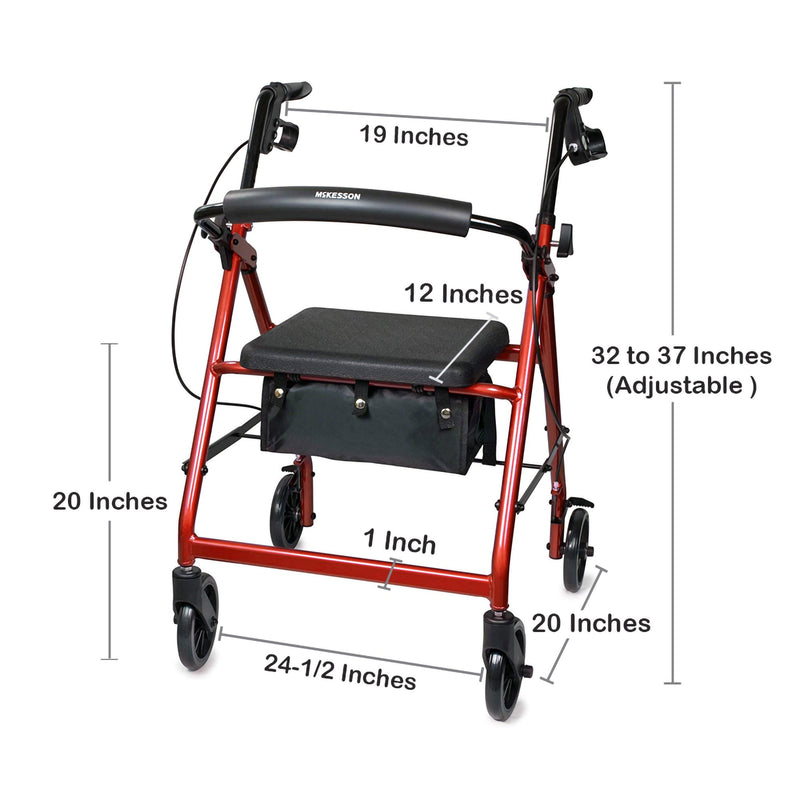 McKesson 4 Wheel Rollator Red Adjustable Height / Folding Aluminum Frame (1065263_EA) 1/EA