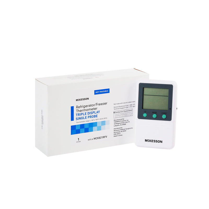 McKesson Digital Refrigerator / Freezer Thermometer with Alarm Fahrenheit / Celsius -58° to +158°F (-50° to +70°C) Glycol Bottle Probe Multiple Mounting Options Battery Operated (1074438_EA) 1/EA