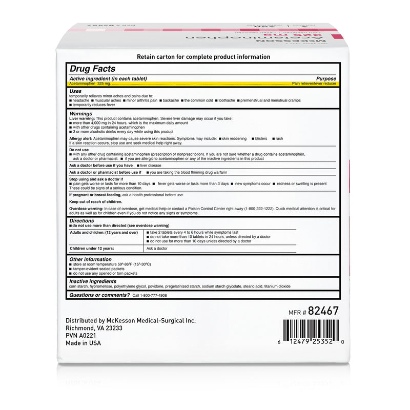 McKesson Pain Relief 325 mg Strength Acetaminophen Unit Dose Tablet 250 per Box (1111736_CS) 3000/CS