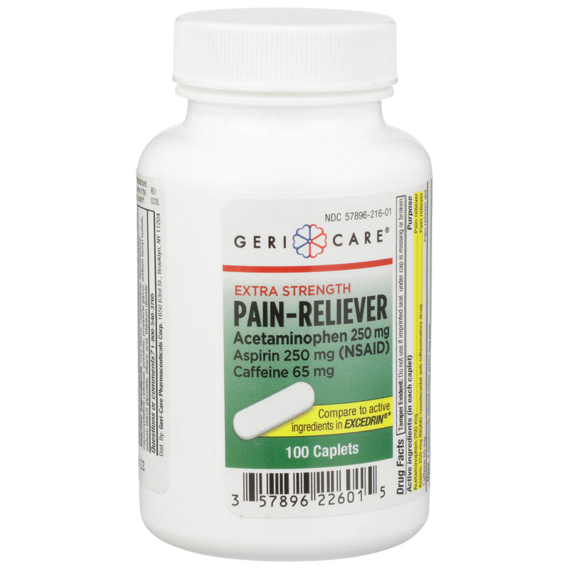 McKesson Brand Pain Relief 250 mg - 250 mg - 65 mg Strength Acetaminophen / Aspirin / Caffeine Caplet 100 per Bottle (868383_BT) 100/BT