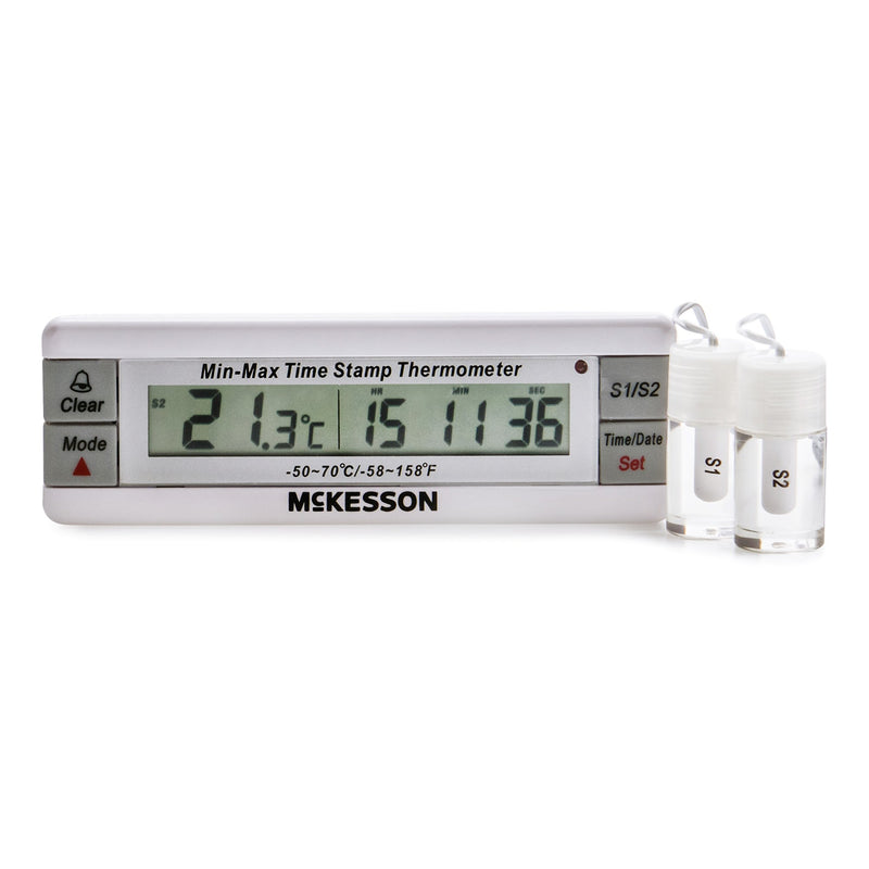 McKesson Digital Refrigerator / Freezer Thermometer with Alarm Fahrenheit / Celsius -58° to +158°F (-50° to +70°C) Desk / Wall / Door Mount Battery Operated (1074439_EA) 1/EA