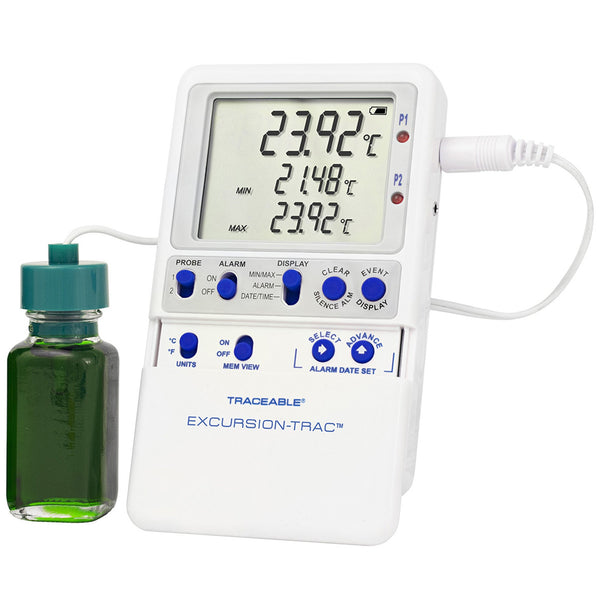 Traceable® Excursion-Trac™ Datalogging Refrigerator / Freezer Thermometer Fahrenheit / Celsius -58° to +158°F (-50° to +70°C) Bottle Probe Multiple Mounting Options Battery Operated (907851_EA) 1/EA