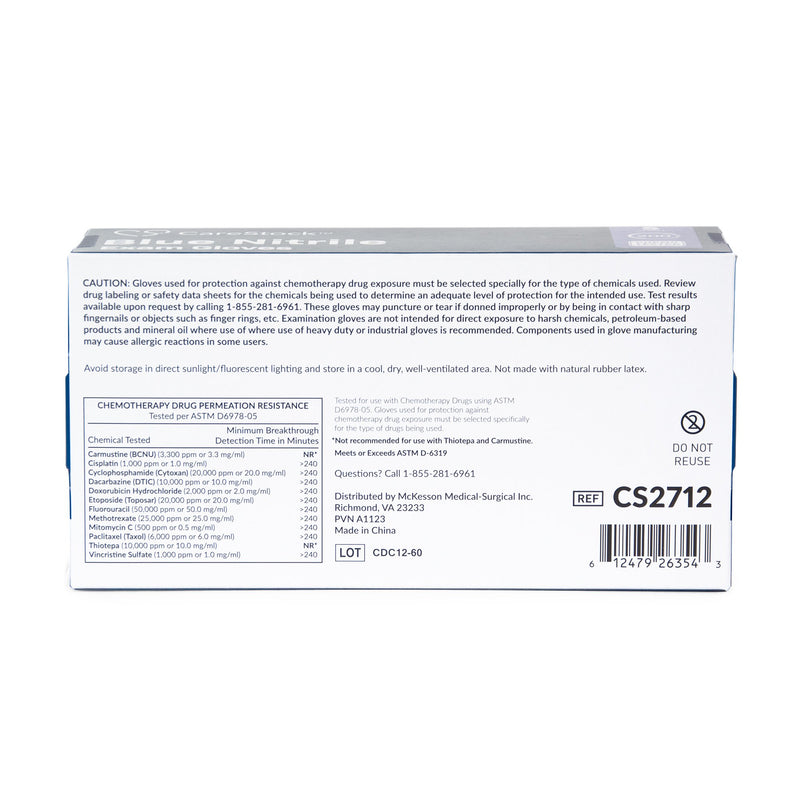 CareStock™ Exam Glove Small NonSterile Nitrile Standard Cuff Length Textured Fingertips Blue Chemo Tested (1230896_CS) 2000/CS