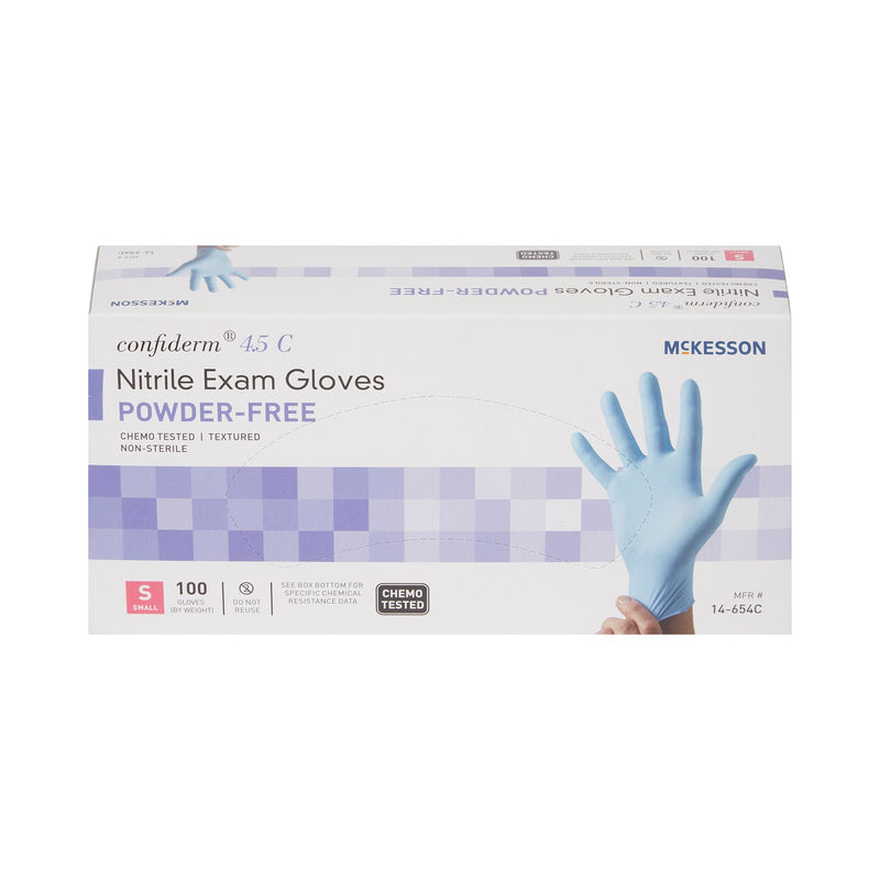 McKesson Confiderm® 4.5C Exam Glove Small NonSterile Nitrile Standard Cuff Length Textured Fingertips Blue Chemo Tested (921602_BX) 100/BX