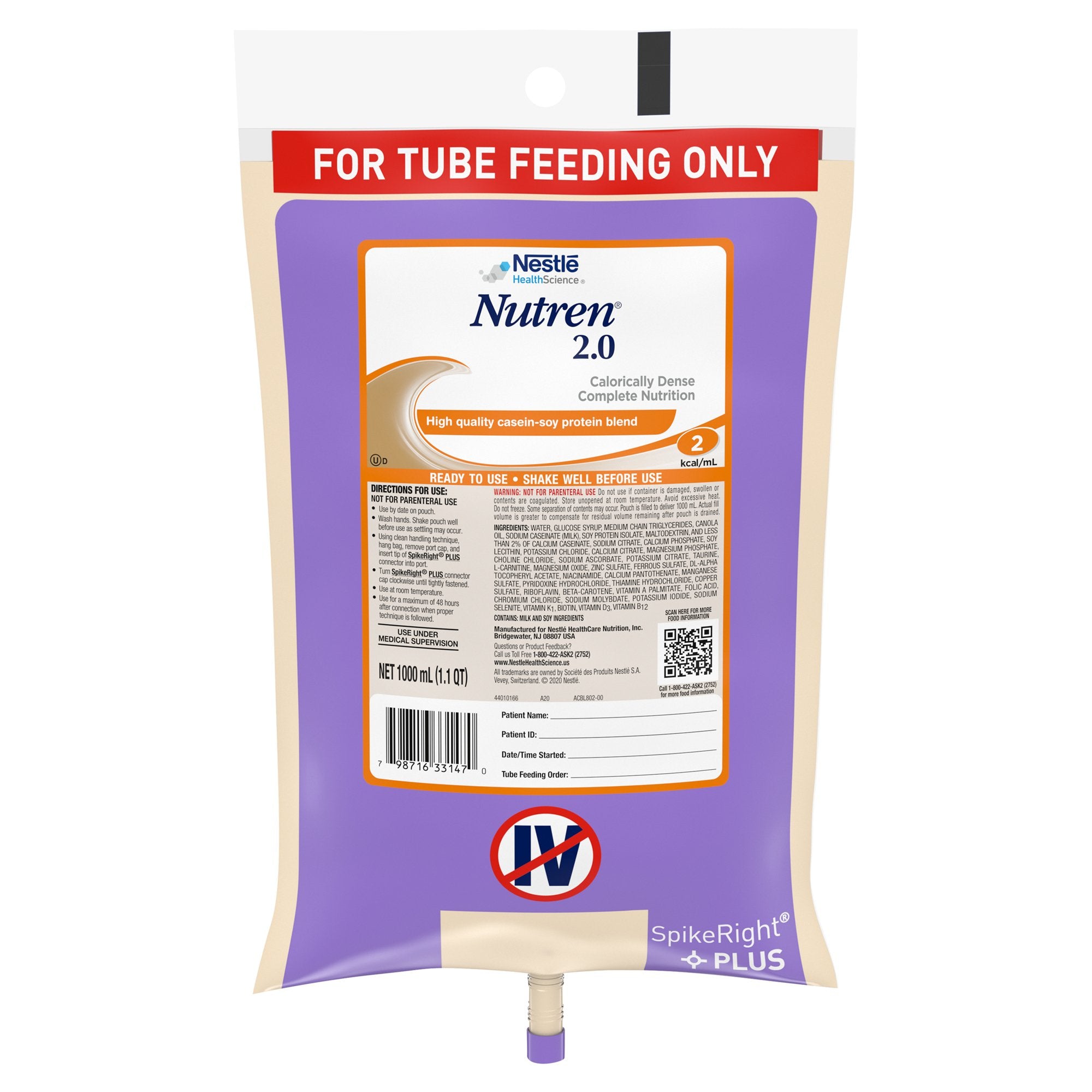 Nutren® 2.0 Tube Feeding Formula Unflavored Liquid 1000 mL Ready to Ha ...