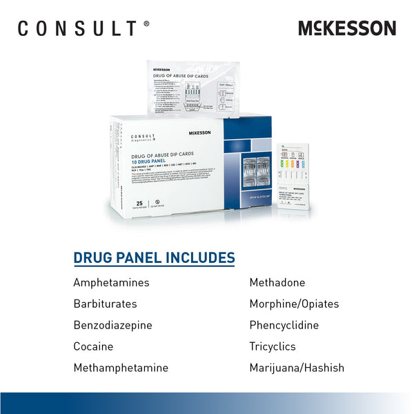 McKesson Consult™ Drugs of Abuse Test Kit AMP, BAR, BZO, COC, mAMP/MET, MTD, OPI, PCP, TCA, THC 25 Tests CLIA Waived (1192824_CS) 500/CS