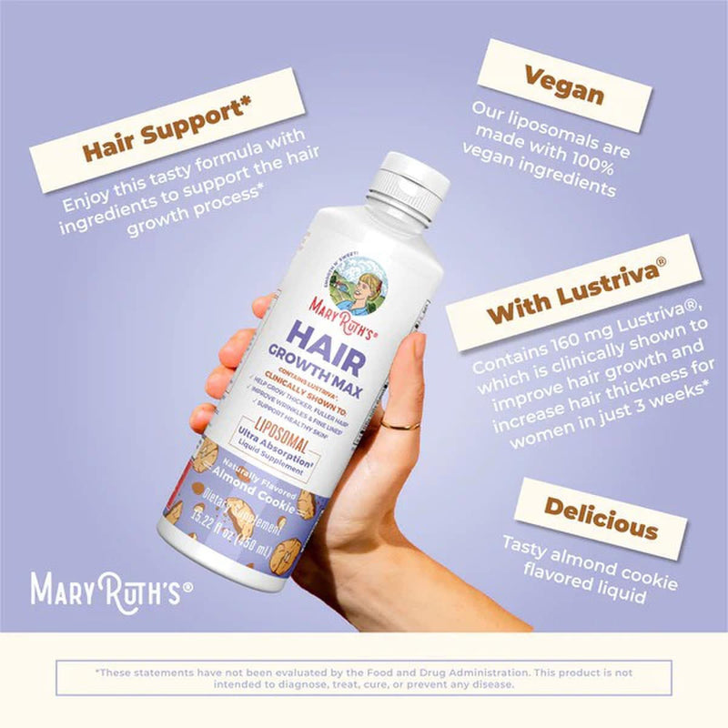Mary Ruth's® Hair Growth Max Liposomal Dietary Supplement Vitamin E / B6 / Biotin 4 mg / 3 mg / 10,000 mcg Strength Liquid 15.22 oz. Almond Cookie Flavor (1271763_EA) 1/EA