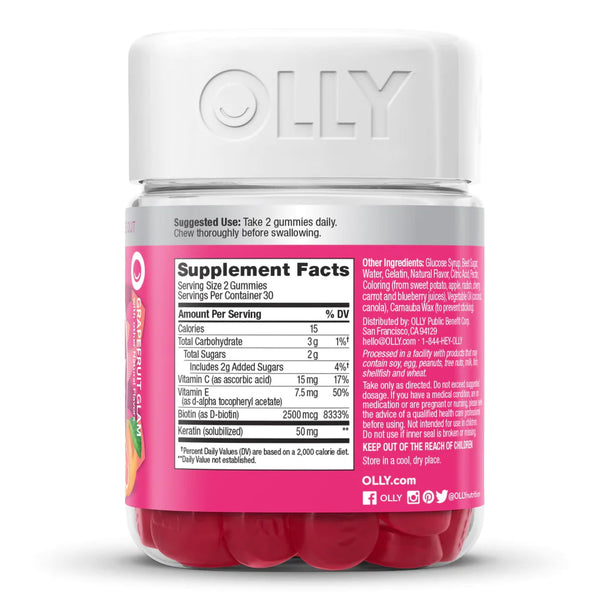 OLLY® Undeniable Beauty® Dietary Supplement Biotin / Vitamin C / Vitamin E / Keratin 2,500 mcg - 15 mg - 7.5 mg - 50 mg Strength Gummy 60 per Bottle Grapefruit Glam Flavor (1228378_BT) 1/BT