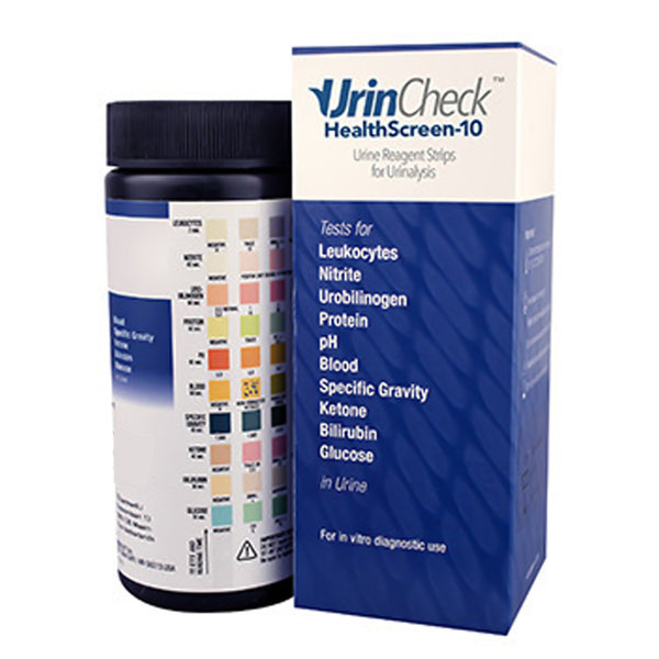 UrinCheck™ HealthScreen-10 Urinalysis Test Kit Bilirubin, Blood, Glucose, Ketone, Leukocytes, Nitrite, pH, Protein, Specific Gravity, Urobilinogen 100 Tests CLIA Waived (1124856_BT) 100/BT