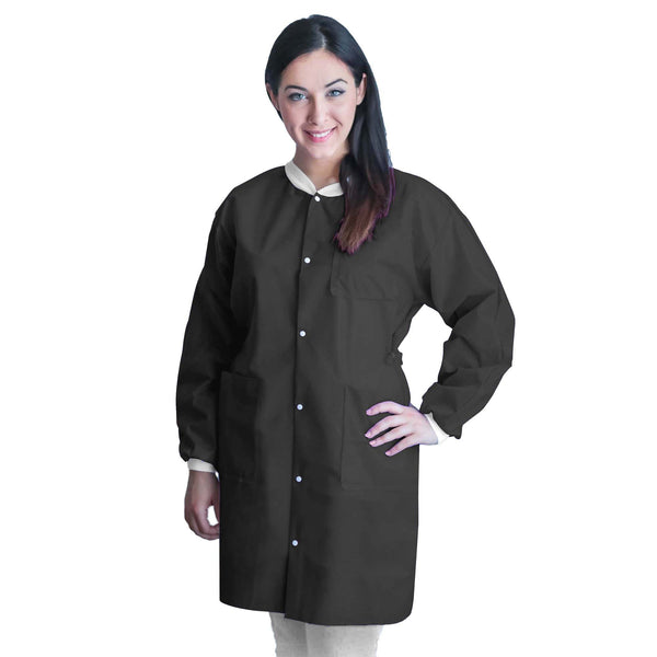 FitMe™ Lab Coat Black Large Knee Length 3-Layer SMS Disposable (1194496_BG) 10/BG
