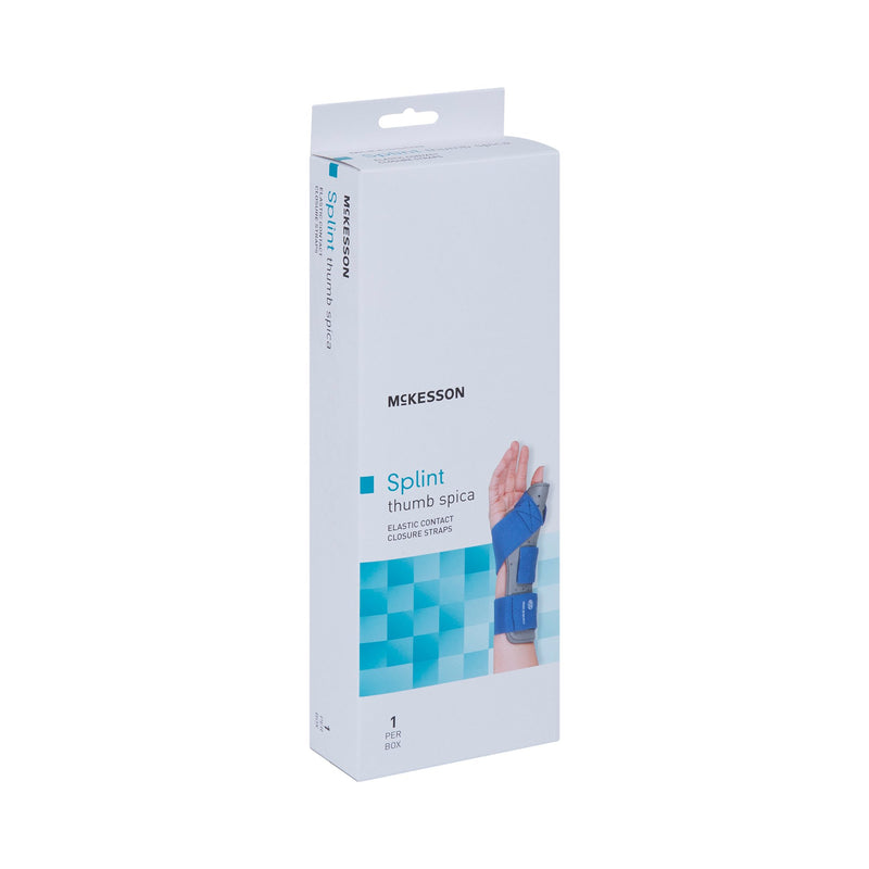 McKesson Wrist / Hand Brace with Thumb Spica Thumb Spica Nylon / Cotton-Terry / Foam / Elastic / Spandex Right Hand Blue / Gray Small / Medium (1159132_EA) 1/EA