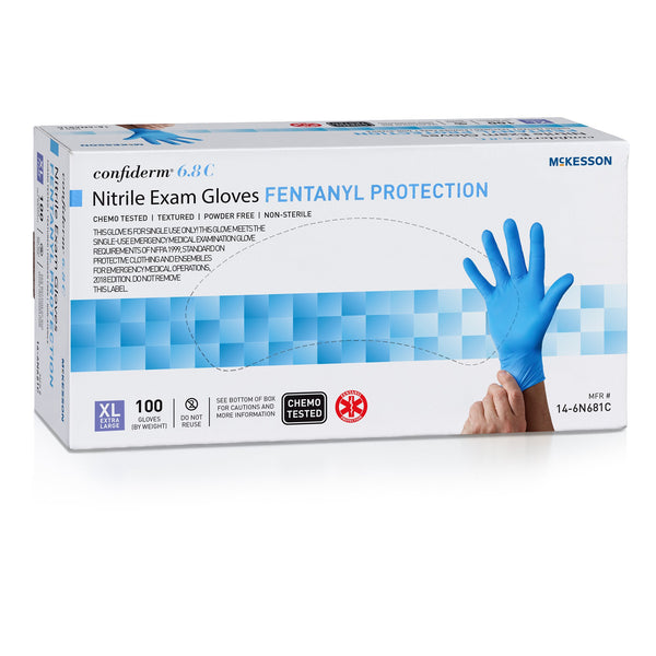McKesson Confiderm® 6.8C Exam Glove X-Large NonSterile Nitrile Standard Cuff Length Fully Textured Blue Chemo Tested / Fentanyl Tested (1225752_CS) 1000/CS