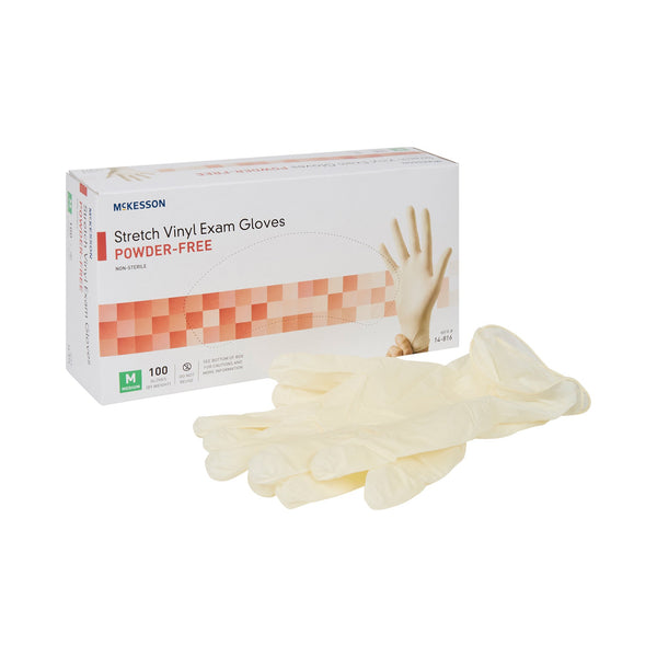 McKesson Exam Glove Medium NonSterile Stretch Vinyl Standard Cuff Length Smooth Ivory Not Rated (409743_BX) 100/BX
