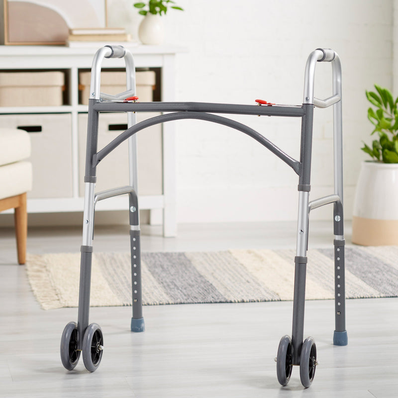 McKesson Bariatric Dual Release Folding Walker with Wheels Adjustable Height Steel Frame 500 lbs. Weight Capacity 32 to 39 Inch Height (1065261_CS) 2/CS