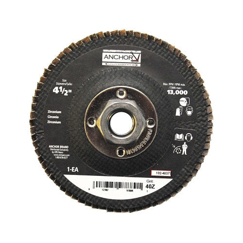 Anchor Brand® Abrasive High Density Flap Discs, 4 1/2 in Dia, 40 Grit, 5/8-11 Arbor, Type 27 (102-40377) Box of 10
