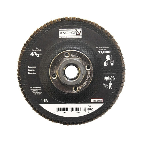 Anchor Brand® Abrasive High Density Flap Discs, 4-1/2 in Dia, 60 Grit, 5/8 in - 11 Arbor, 12,000 rpm (102-40378) Each
