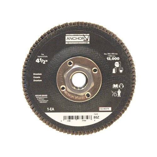 Anchor Brand® Abrasive High Density Flap Discs, 4 1/2 in Dia, 80 Grit, 5/8-11 Arbor, Type 27 (102-40379) Box of 10