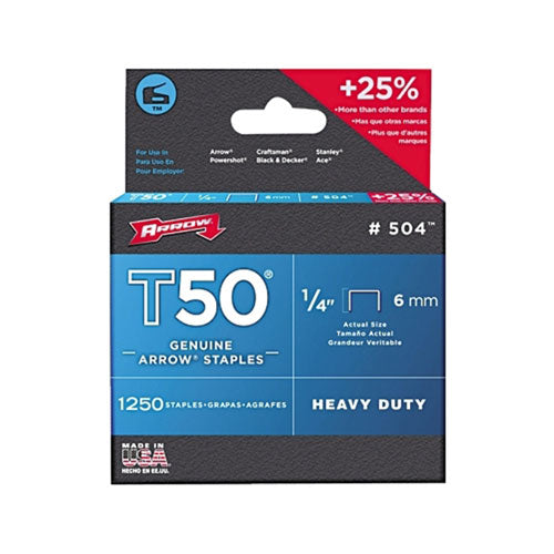 Arrow Fastener T50® Type Staple, #504™, 1/4 in L x 3/8 in W, 1,250/PK (091-50424) 1 Pack