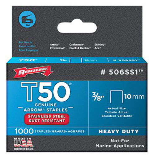 Arrow Fastener T50 Type Staples, 3/8 in L x 3/8 in W (091-506SS1) Each