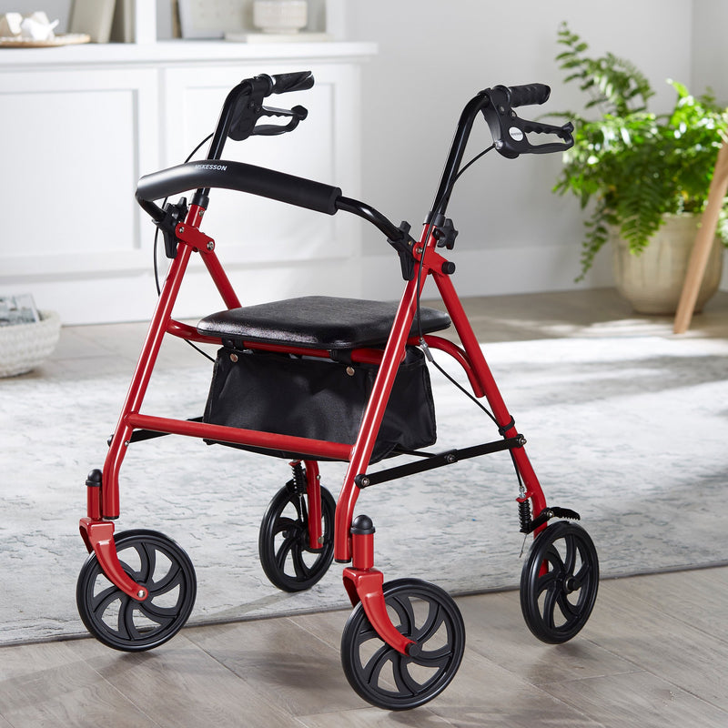 McKesson 4 Wheel Rollator Red Adjustable Height / Folding Steel Frame (1065268_EA) 1/EA
