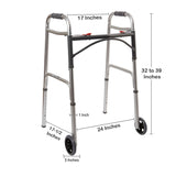 McKesson Dual Release Folding Walker with Wheels Adjustable Height Aluminum Frame 350 lbs. Weight Capacity 32 to 39 Inch Height (1073638_CS) 4/CS