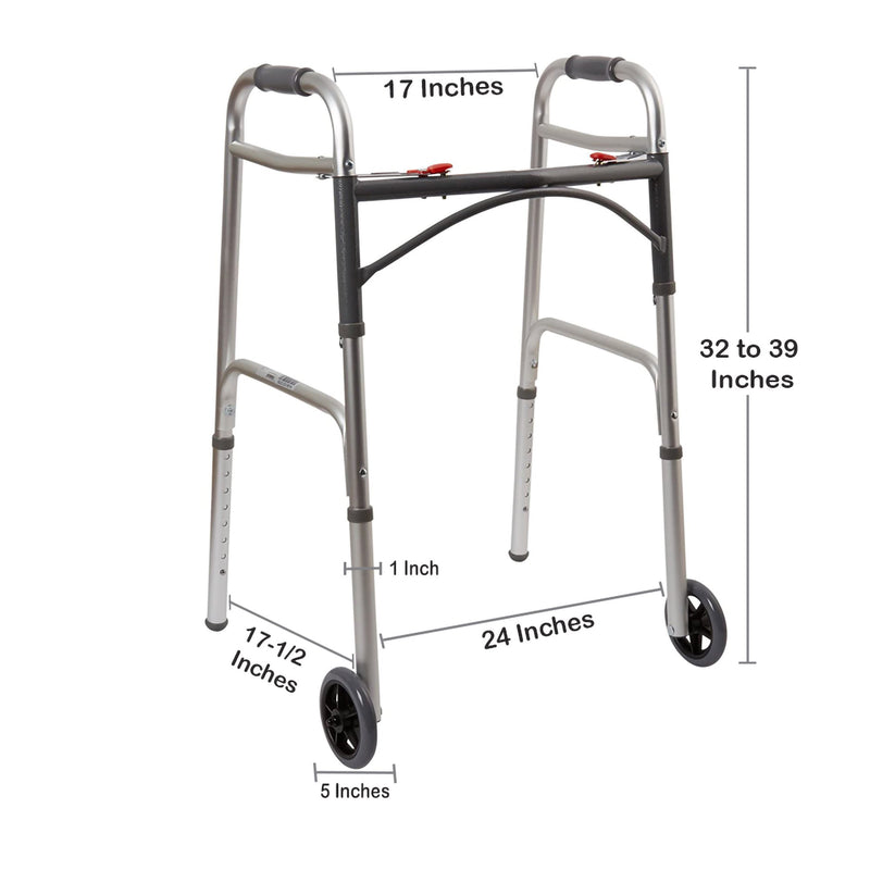 McKesson Dual Release Folding Walker with Wheels Adjustable Height Aluminum Frame 350 lbs. Weight Capacity 32 to 39 Inch Height (1073638_CS) 4/CS