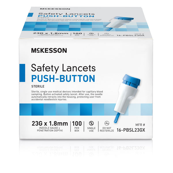 McKesson Safety Lancet 23 Gauge Retractable Push Button Activation Finger (1217990_BX) 100/BX