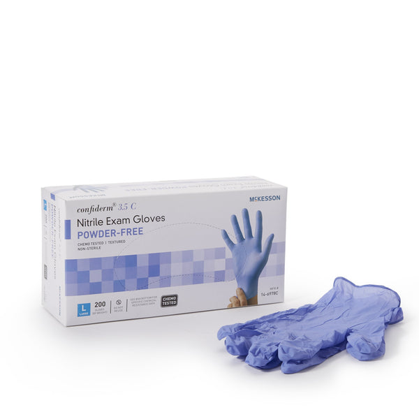 McKesson Confiderm® 3.5C Exam Glove Large NonSterile Nitrile Standard Cuff Length Textured Fingertips Blue Chemo Tested (765876_CS) 2000/CS