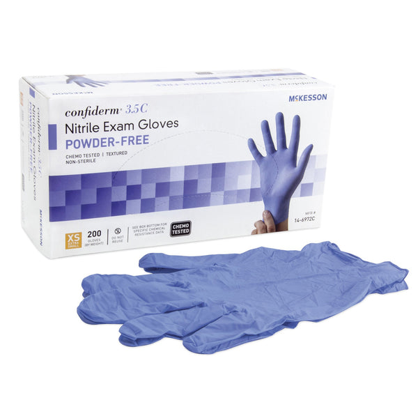 McKesson Confiderm® 3.5C Exam Glove X-Small NonSterile Nitrile Standard Cuff Length Textured Fingertips Blue Chemo Tested (765873_BX) 200/BX