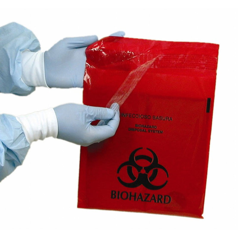 Unimed - Midwest Stick on Biohazard Waste Bag Biohazard Symbol 0.35 gal. Red 9 X 10 Inch (769212_BX) 100/BX